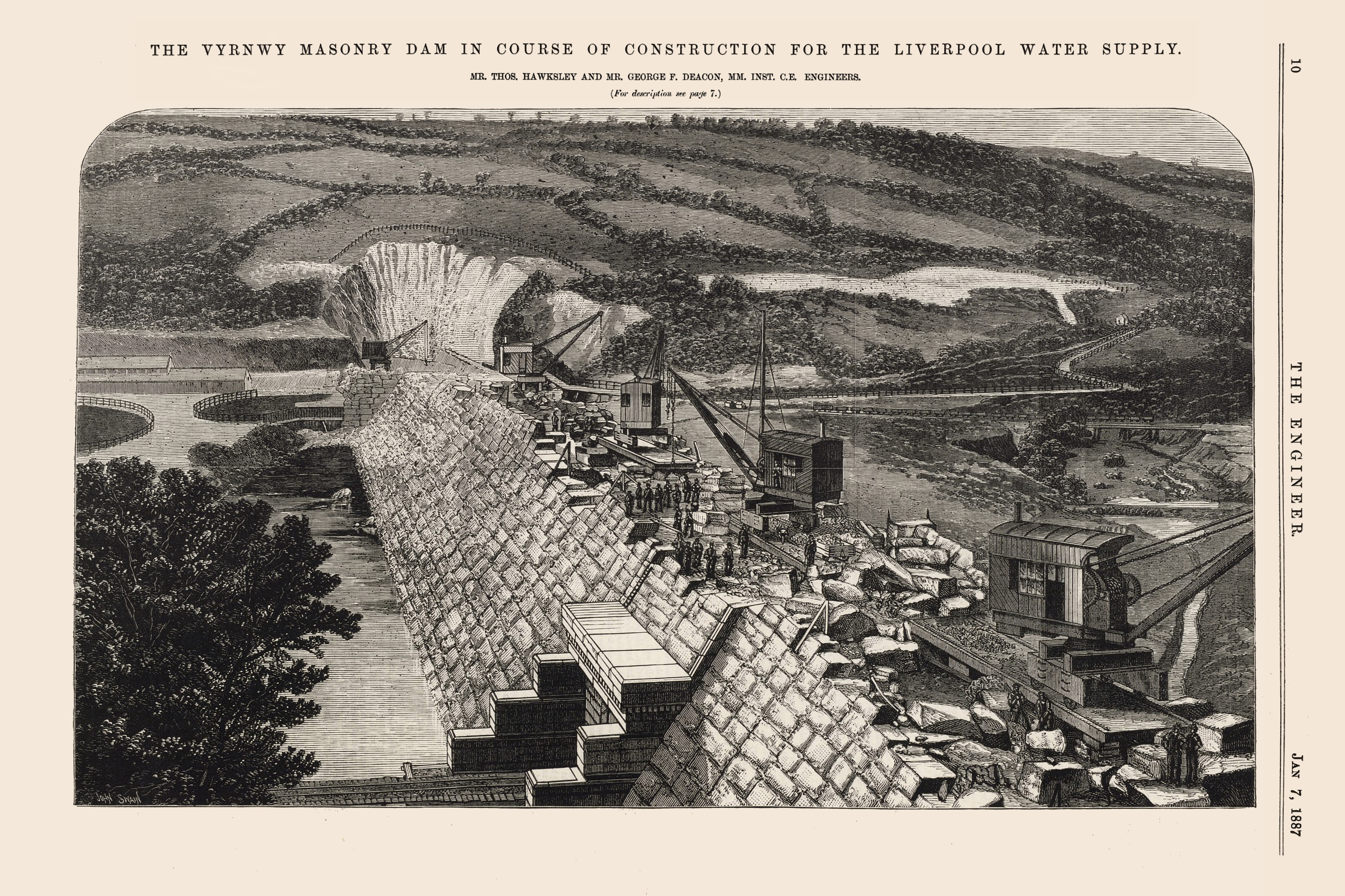 foto del cantiere della diga del lago di Vyrnwy in una stampa americana